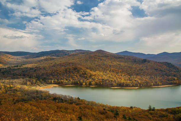 istock a large reservoir, top view. autumn forest and high blue sky, 873391426