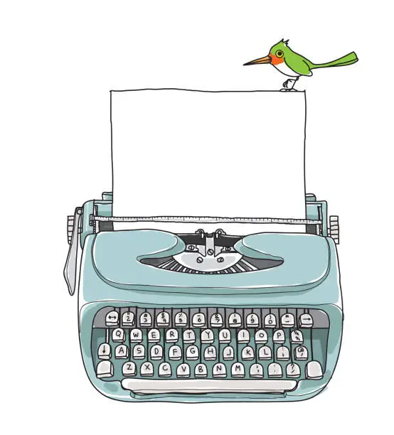 Vector illustration of blue Mint vintage  typewriter portable retro with paper and green bird  hand drawn vector art illustration