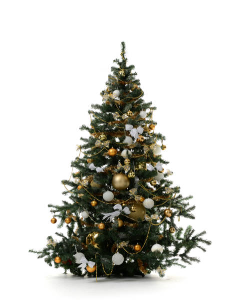 istock Decorated gold Christmas tree with golden patchwork ornament artificial balls for new year 873397154