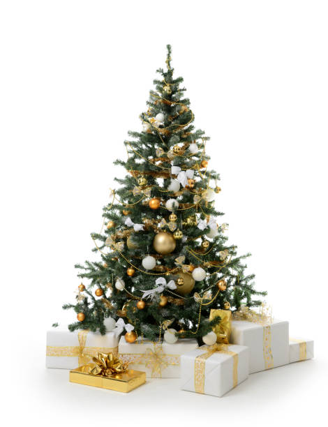 istock Decorated gold Christmas tree with golden patchwork ornament artificial balls and gift presents for new year 873397176
