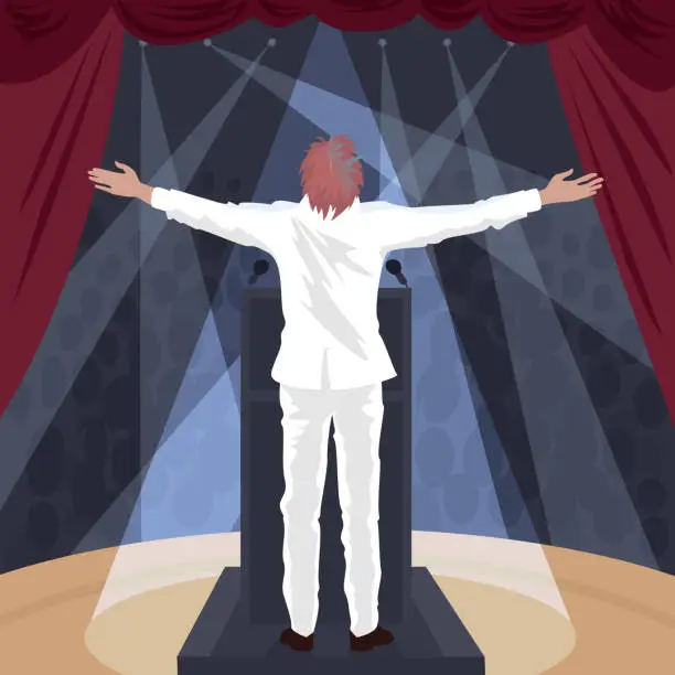 Vector illustration of Artist standing on stage with raised open arms