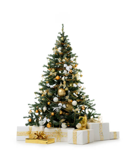 istock Decorated gold Christmas tree with golden patchwork ornament artificial balls and gift presents for new year 873399472