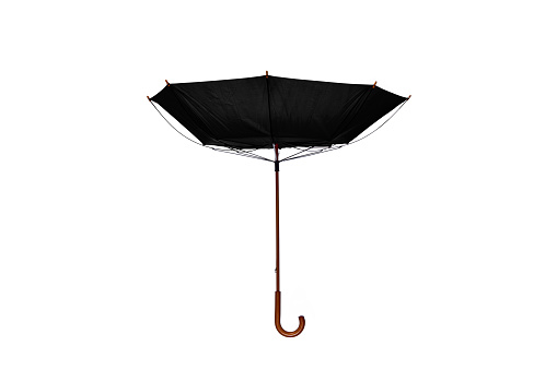 Inside Out Black Umbrella with Wooden Curved Handle Center on White Background