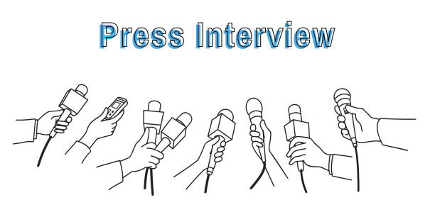 Hands with various microphones Various press reporter hands with microphones and recorder in press interview. Politics, business, press interview, news, concept. Outline, linear, thin line art, hand drawn sketch design, simple style. interview event drawings stock illustrations