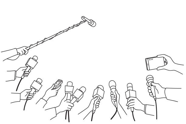 Hands with various microphones Various press reporter hands with microphones and recorder in press interview. Politics, business, press interview, news, concept. Outline, linear, thin line art, hand drawn sketch design, simple style. microphone illustrations stock illustrations