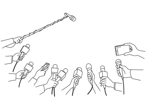 Hands with various microphones Various press reporter hands with microphones and recorder in press interview. Politics, business, press interview, news, concept. Outline, linear, thin line art, hand drawn sketch design, simple style. interview event drawings stock illustrations