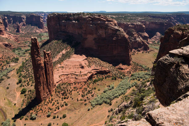 Spider Rock in Canyon de Chelly, Arizona The Spider Rock Overlook at the end of the South Rim Drive in Canyon de Chely grants a panoramic aerial view of the junction of Canyon de Chelly and Monument Canyon chinle arizona stock pictures, royalty-free photos & images