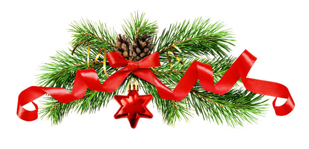 istock Christmas tree twigs, red star, cones and silk ribbon bow 873435934
