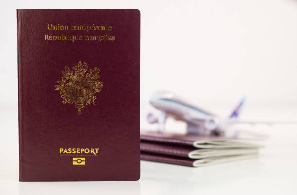 istock French European passports and plane on a white background 873448768