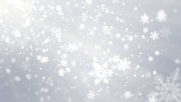 White snowflakes, bokeh and shiny lights on white background (Christmas theme)