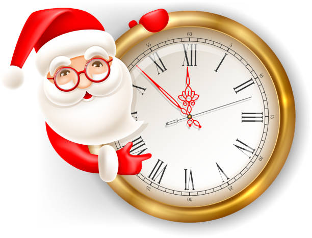 Santa Claus and clock The holiday Christmas is coming. Cute cartoon Santa Claus and circle clock. Vector illustration. Isolated on white background. watch cartoon gold illustration and painting stock illustrations