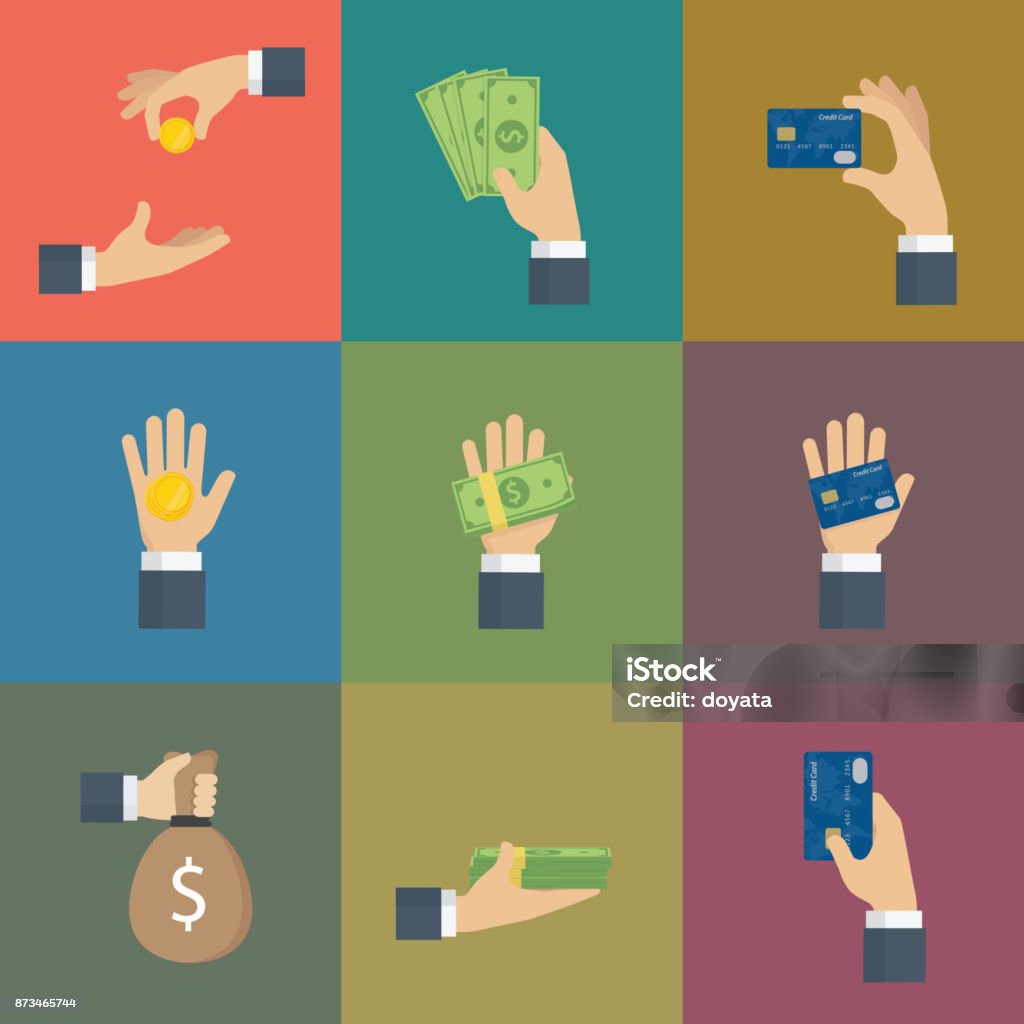 Set Of Hand Gesture with Cash of Money and Credit Card Set of hands holding Cash and Credit Card Hand stock vector