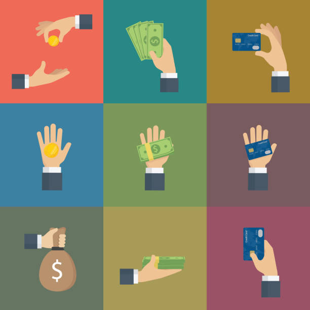 Set Of Hand Gesture with Cash of Money and Credit Card Set of hands holding Cash and Credit Card credit card illustrations stock illustrations