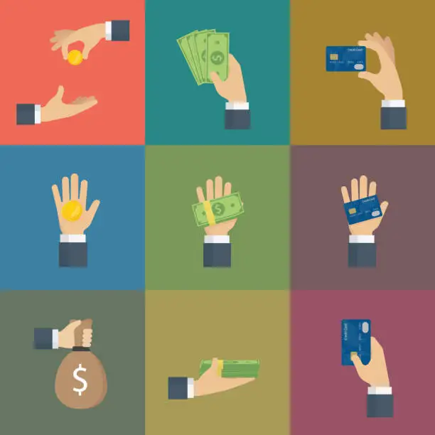 Vector illustration of Set Of Hand Gesture with Cash of Money and Credit Card