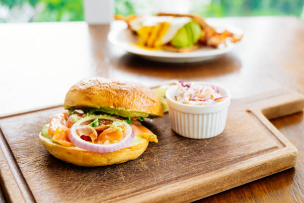 istock Bagel bread with smoked salmon meat and vegetable 873466092