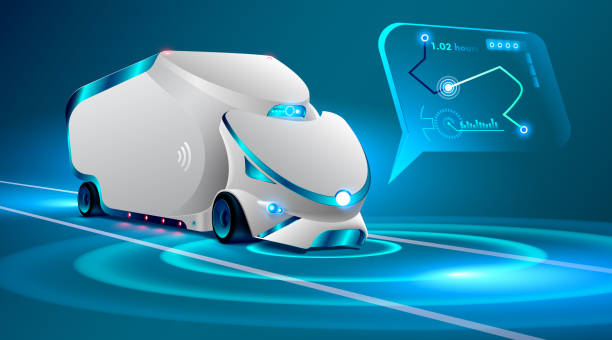 ilustrações de stock, clip art, desenhos animados e ícones de autonomous truck drive on the road. unmanned vehicles. artificial intelligence controls the autonomous truck. car ' locus insignis in an interactive map, gps system. future concept car. - truck driver driver truck semi truck