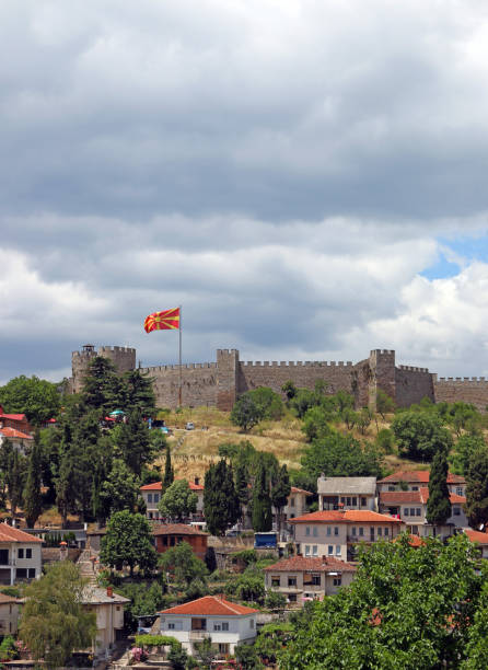 istock Samuil fortress with Macedonian flag Ohrid cityscape 873477052