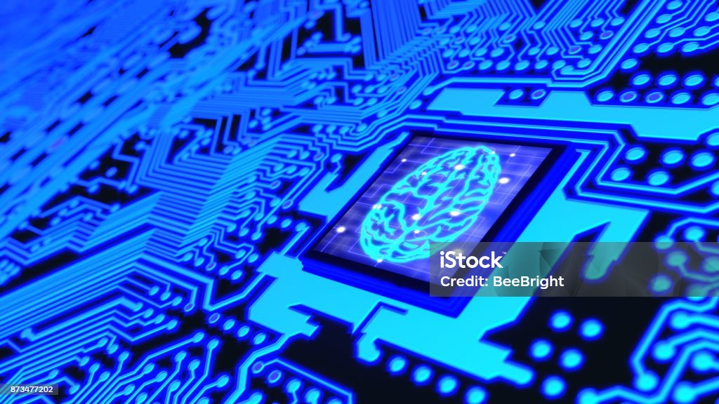 Blue glowing circuit board and a CPU with a brain symbol on top Blue glowing circuit board and a CPU with a brain symbol on top machine learning concept 3D illustration Artificial Stock Photo