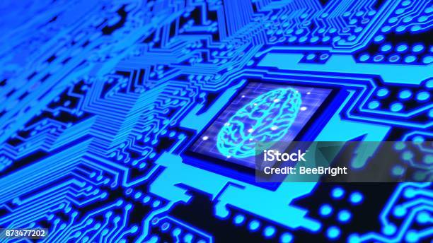 Blue Glowing Circuit Board And A Cpu With A Brain Symbol On Top Stock Photo - Download Image Now