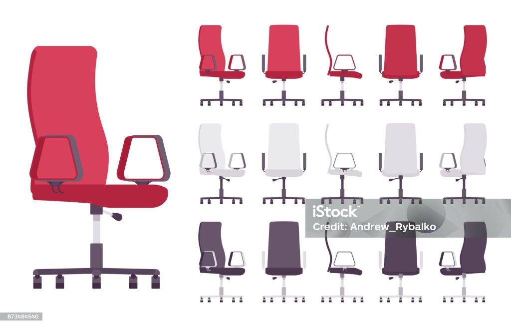 Executive office chair furniture set Executive office chair furniture set. Comfy seat with modern look, support and stability at working place. Vector flat style cartoon illustration isolated on white background Office Chair stock vector