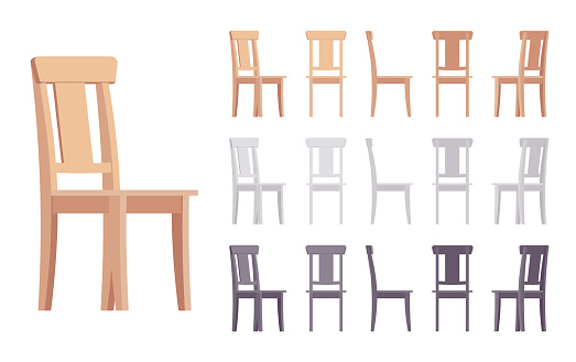 Wooden chair furniture set. Solid wood seat for dining table, simple natural beauty design. Different colors and positions. Vector flat style cartoon illustration isolated on white background
