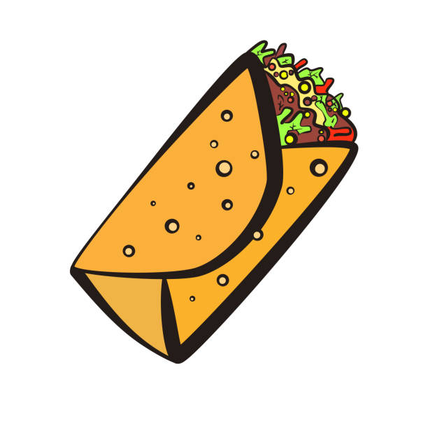 Colorful burrito symbol with black outline Colorful isolated outline vector burrito symbol. Cartoon flat linear mexican burritos icon for fast food restaurant or cafe menu, advertisement, banners, stickers, logo design shredded chicken stock illustrations