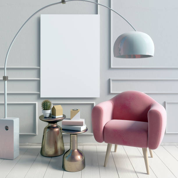 Modern interior with coffee table and chair. Poster mock up. 3d illustration.