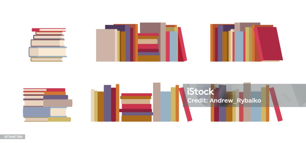 Book piles set Book piles set. Information and knowledge symbol, tutorial set of textbooks image for reading area in class or library. Vector flat style cartoon illustration isolated on white background Book stock vector