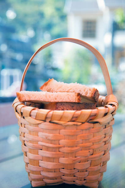 Close up view of fresh crusty bread in a basket. Bread