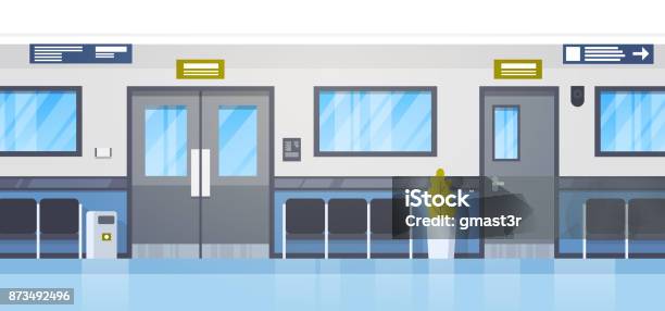 Empty Hospital Clininc Hall With Seats And Door Corridor Stock Illustration - Download Image Now