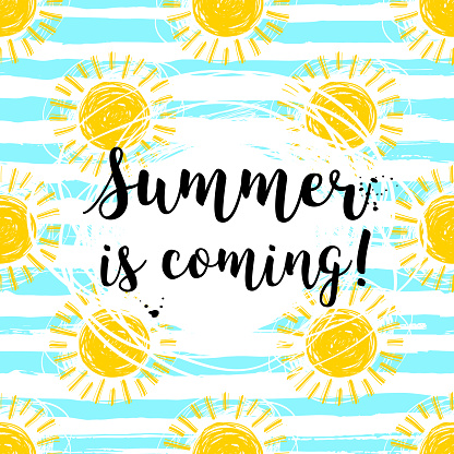 Lettering Summer is coming Hand drawn sun background, striped pattern. Cute hand-drawn summer symbols, Vector sketch