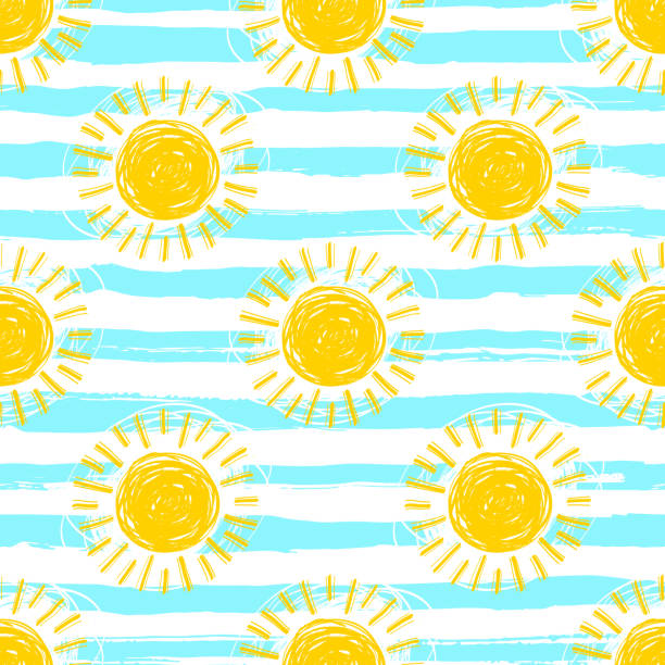 Sun pattern seamless, striped background. Hand drawn yellow sunshine icons Sun pattern seamless, striped background. Hand drawn yellow sunshine icons. Cute hand-drawn summer symbols, Vector sketch cartoon of the summer for kids stock illustrations