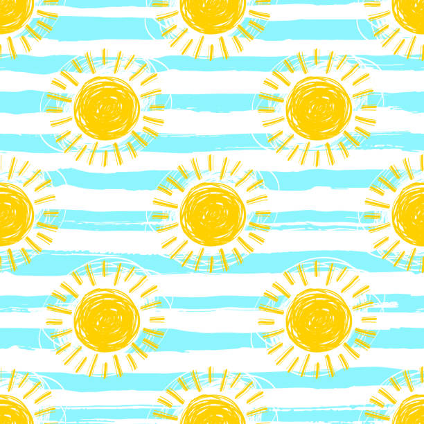 Sun pattern seamless, striped background. Hand drawn yellow sunshine icons Sun pattern seamless, striped background. Hand drawn yellow sunshine icons. Cute hand-drawn summer symbols, Vector sketch summer background stock illustrations