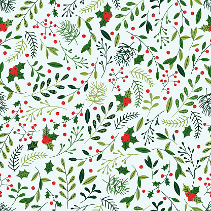 Seamless Christmas background with spruce branches, berries and mistletoe.