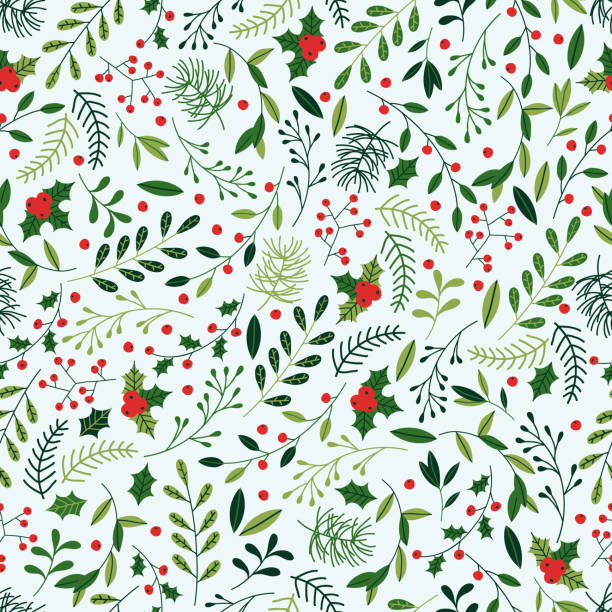 Christmas Pattern Seamless Christmas background with spruce branches, berries and mistletoe. christmas background illustrations stock illustrations