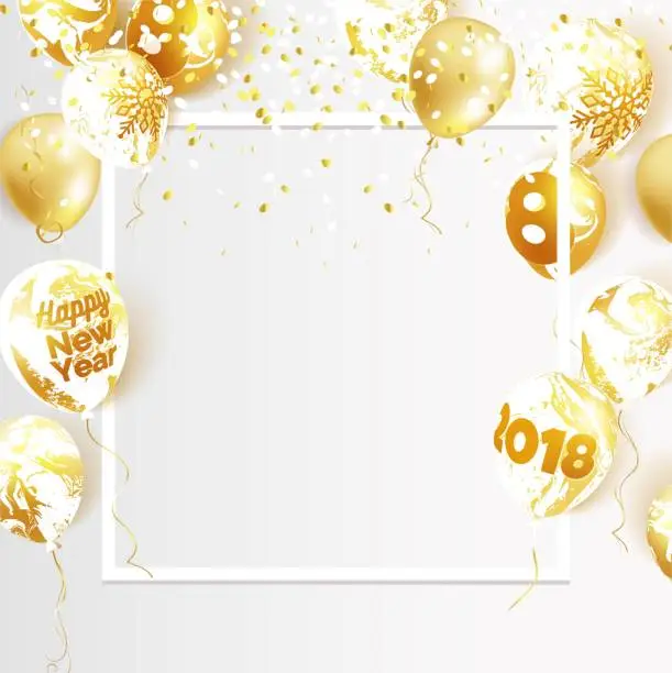 Vector illustration of Gold and marble 2018 balloons.