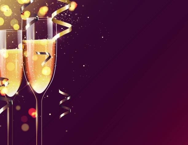 illustrazioni stock, clip art, cartoni animati e icone di tendenza di due bicchieri di champagne sullo sfondo scintillante delle vacanze. - champagne flute jubilee champagne wine