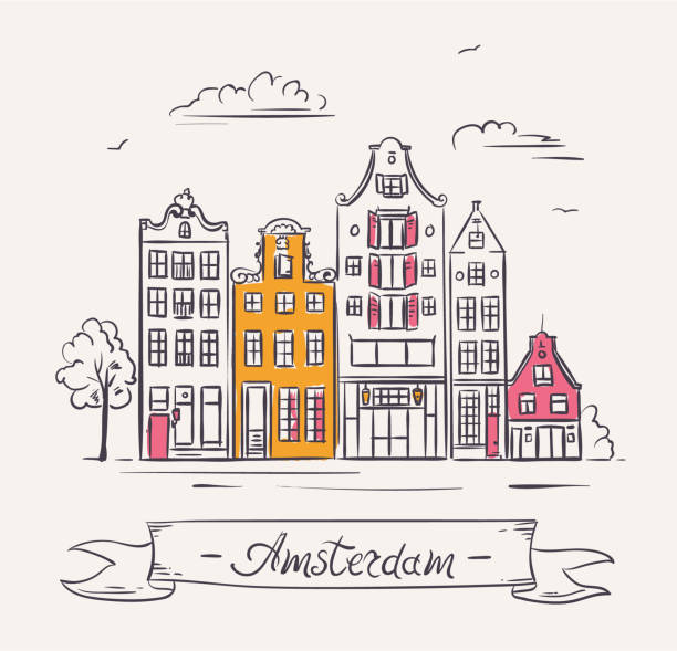illustrations, cliparts, dessins animés et icônes de maisons anciennes à amsterdam, pays-bas. - amstel river illustrations