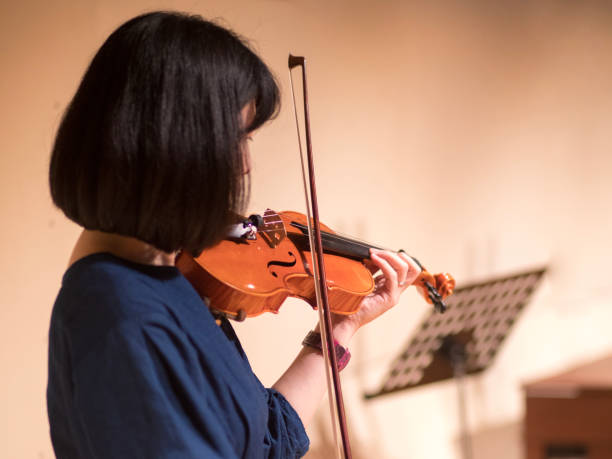 woman playing violin in concert hall - violin women violinist music imagens e fotografias de stock