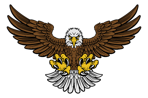 Cartoon bald American eagle mascot swooping with claws out and wings outstretched. Four color version with only brown, lightgrey, yellow and black