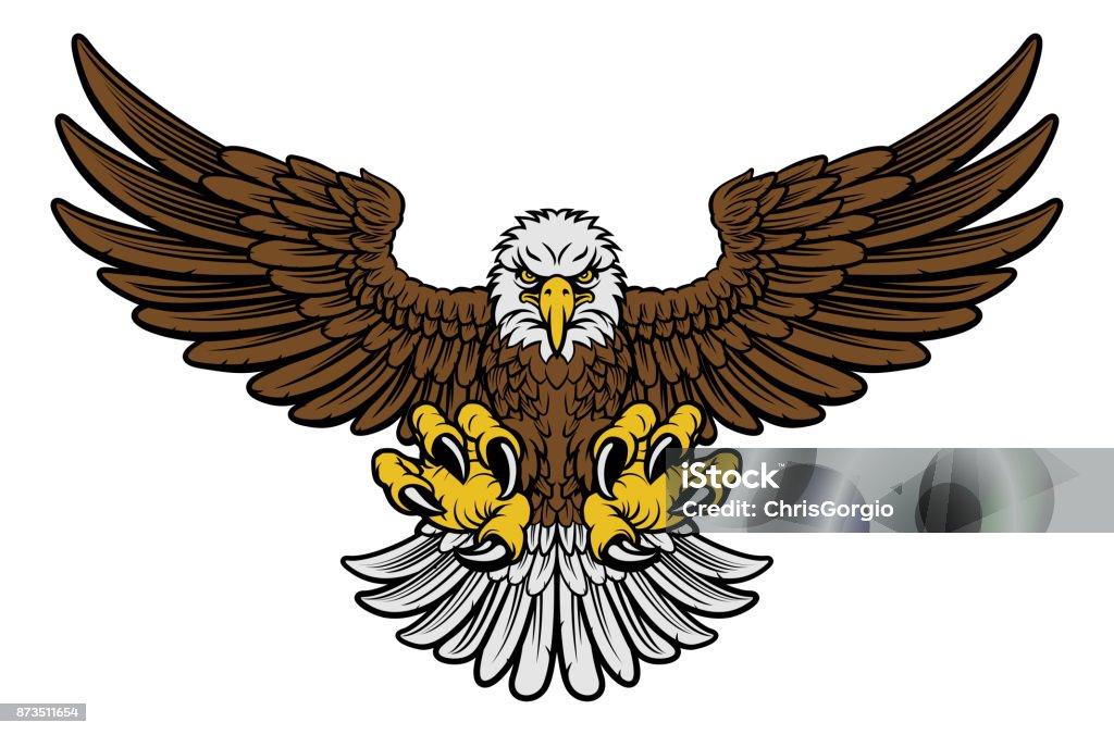 Bald Eagle Mascot Cartoon bald American eagle mascot swooping with claws out and wings outstretched. Four color version with only brown, lightgrey, yellow and black Eagle - Bird stock vector