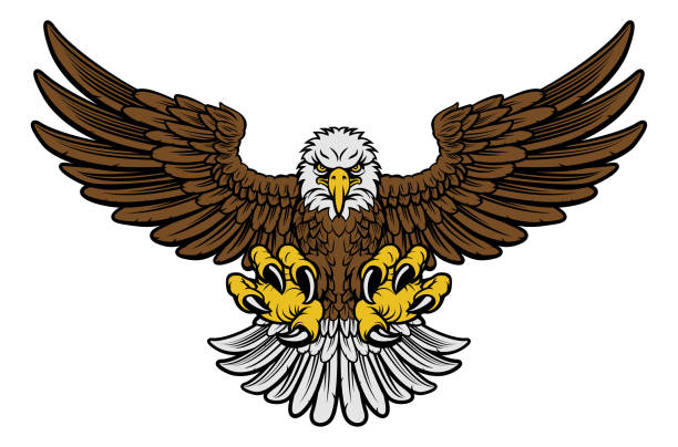 Bald Eagle Mascot Cartoon bald American eagle mascot swooping with claws out and wings outstretched. Four color version with only brown, lightgrey, yellow and black talon stock illustrations