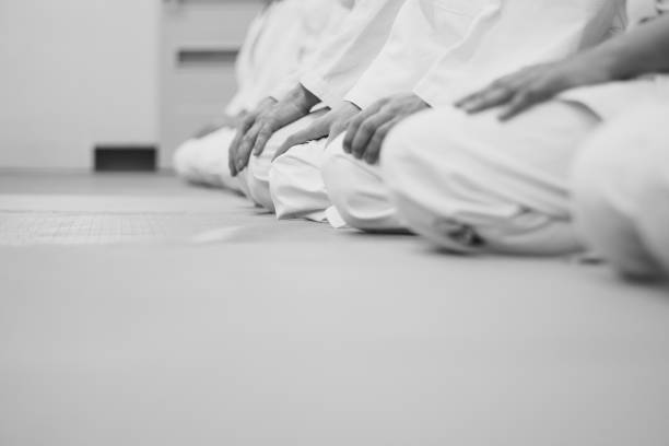 students sitting in a kimono in the gym - obi sash fotos imagens e fotografias de stock