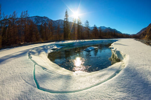 glacier ice melts in the spring on the river in the mountains.