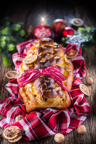Christmas Cake and Christmas Decorations. Christmas cake, slovak or eastern europe traditional pastry - vianocka