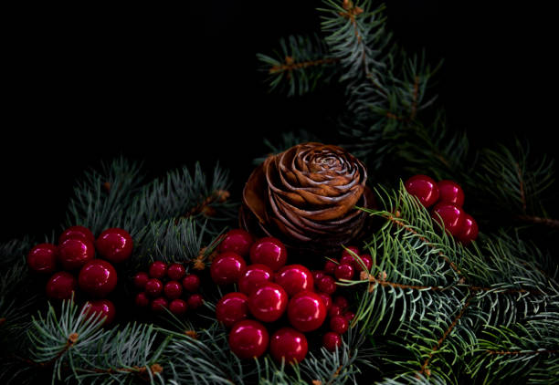 Chritsmas with pinecone , berries and pine needles stock photo