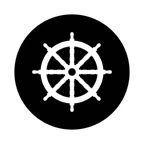 Vector illustration of Boat steering wheel circle icon. Black, round, minimalist icon isolated on white background.