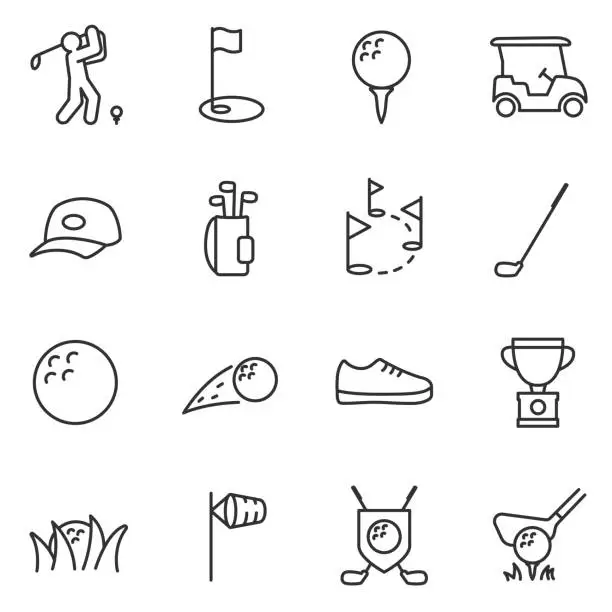 Vector illustration of Golf icons set. Editable stroke.