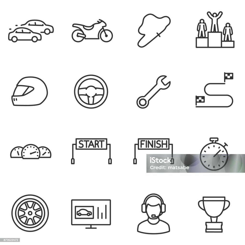 Racing, set icons. Editable stroke. Racing, set icons. Automobile and motorcycle competitions. High-speed races. Line with editable stroke Icon Symbol stock vector