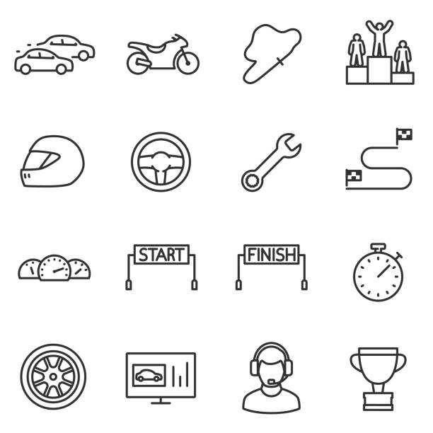 Racing, set icons. Editable stroke. Racing, set icons. Automobile and motorcycle competitions. High-speed races. Line with editable stroke end of the line stock illustrations